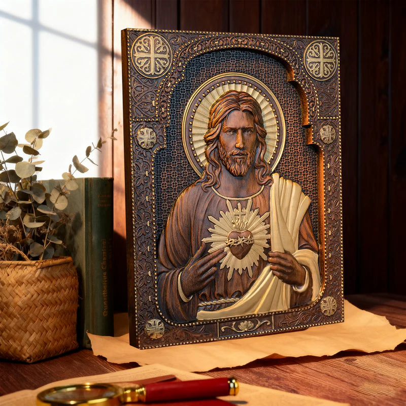 Talla de madera del Sagrado Corazón de Nuestro Señor Jesucristo - Regalo Personalizado de Talla Cristiana Católica