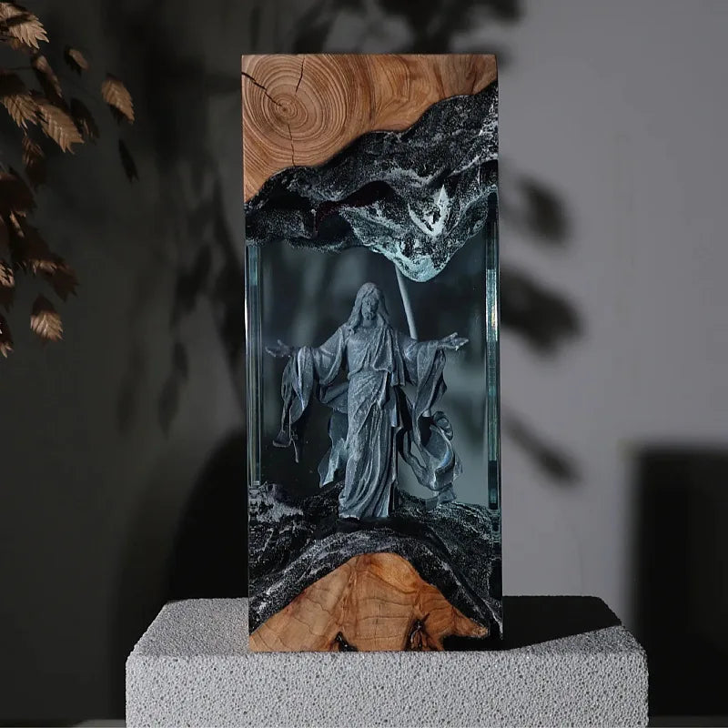 Adorno de Luz Nocturna de Resina y Madera de la Virgen María