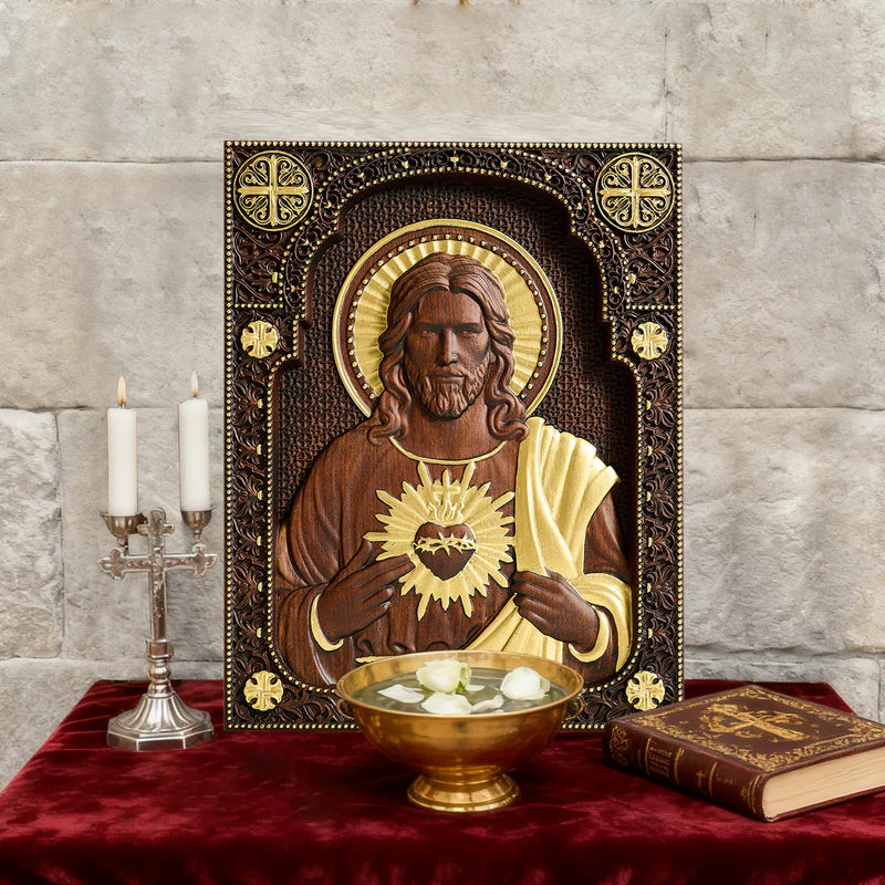 Talla de madera del Sagrado Corazón de Nuestro Señor Jesucristo - Regalo Personalizado de Talla Cristiana Católica
