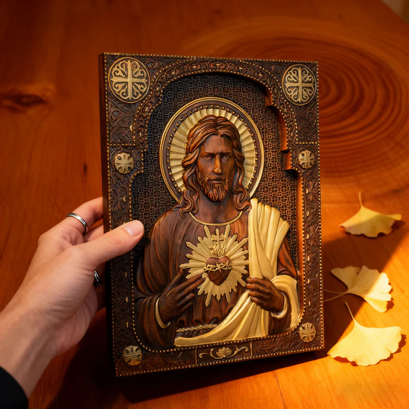 Talla de madera del Sagrado Corazón de Nuestro Señor Jesucristo - Regalo Personalizado de Talla Cristiana Católica