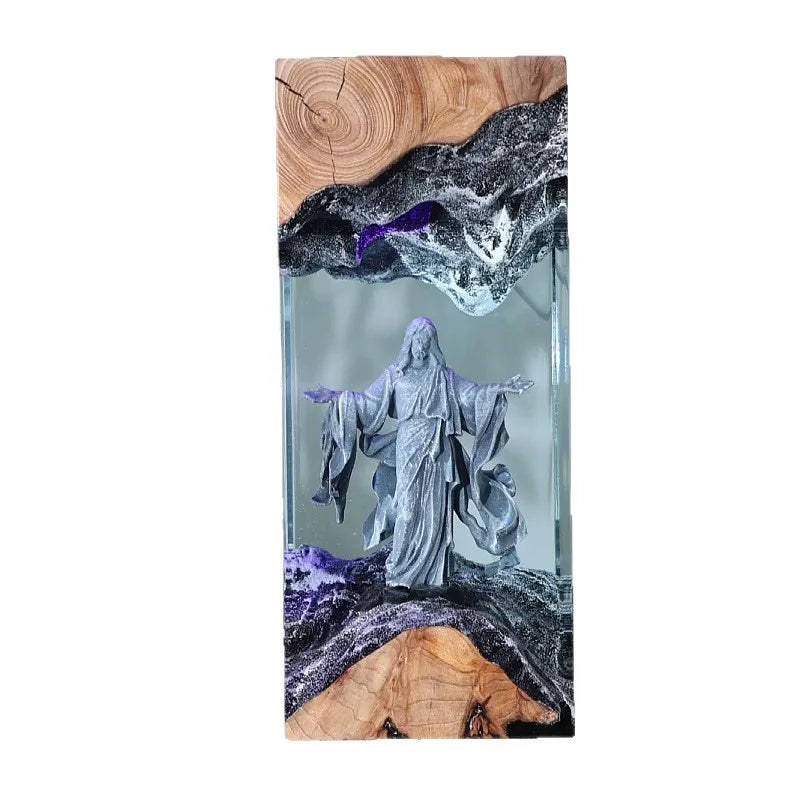 Adorno de Luz Nocturna de Resina y Madera de la Virgen María