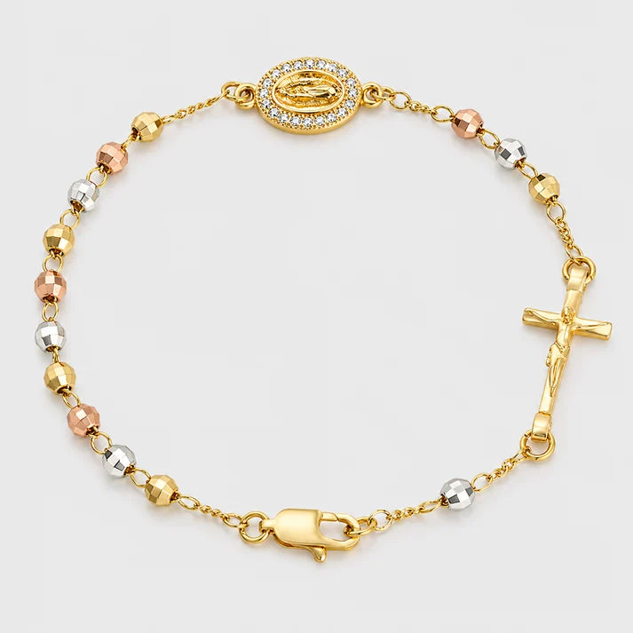 Pulsera de Cuentas Chapada en Oro Con la Imagen de la Virgen María