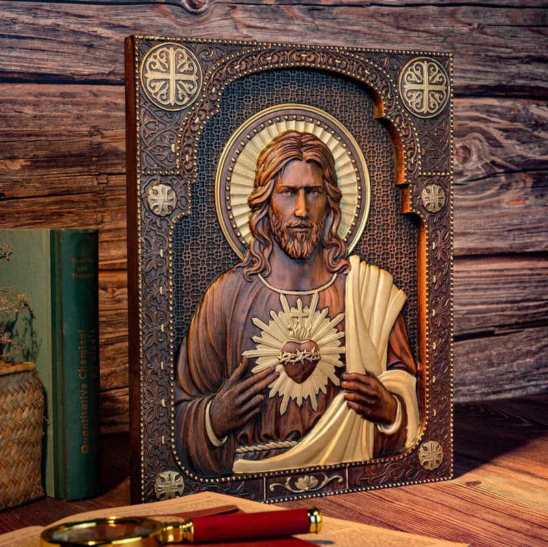 Talla de madera del Sagrado Corazón de Nuestro Señor Jesucristo - Regalo Personalizado de Talla Cristiana Católica