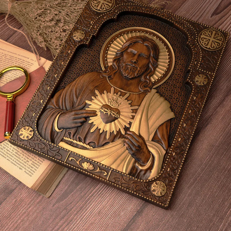 Talla de madera del Sagrado Corazón de Nuestro Señor Jesucristo - Regalo Personalizado de Talla Cristiana Católica