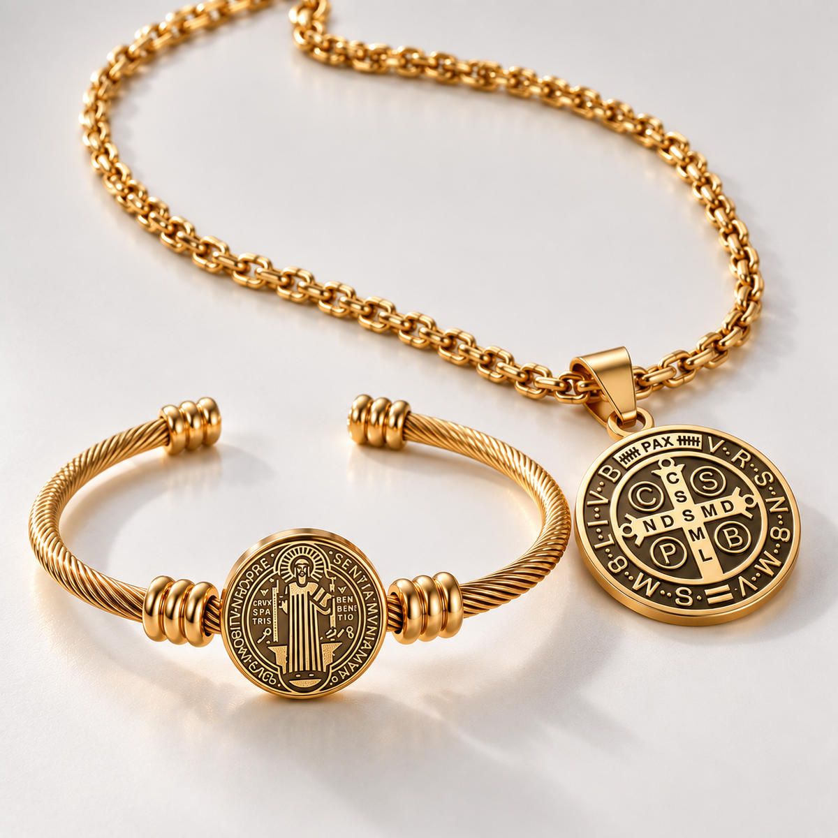 Conjunto de Collar y Pulsera de San Benito Para Protección Diaria