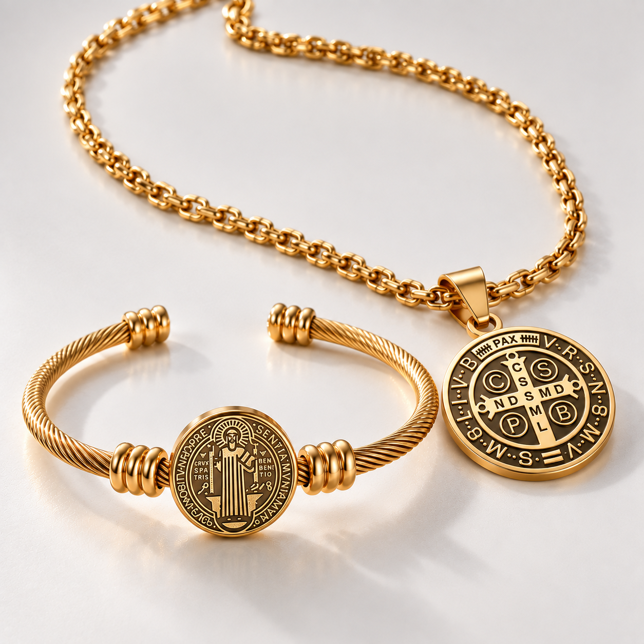 Conjunto de Collar y Pulsera de San Benito Para Protección Diaria