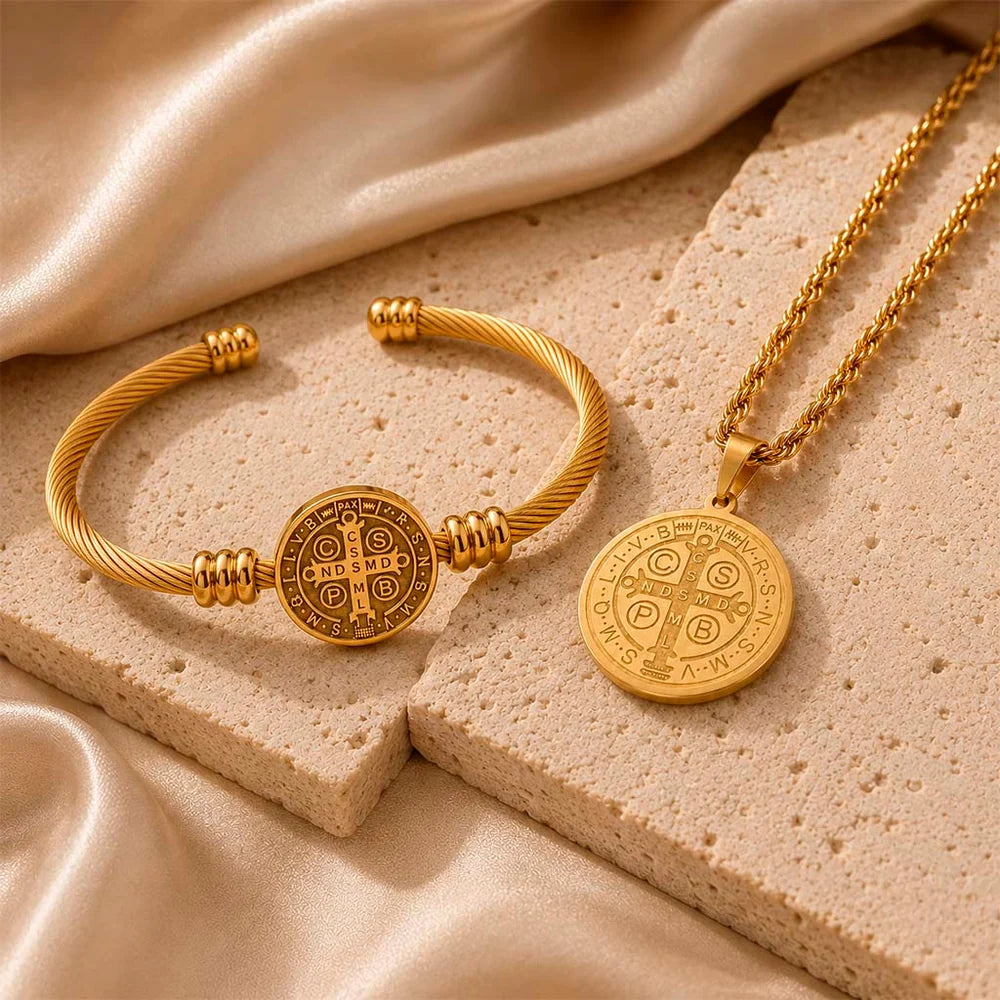 Conjunto de Collar y Pulsera de San Benito Para Protección Diaria
