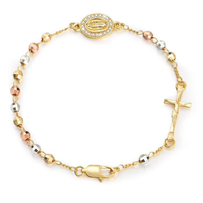 Pulsera de Cuentas Chapada en Oro Con la Imagen de la Virgen María