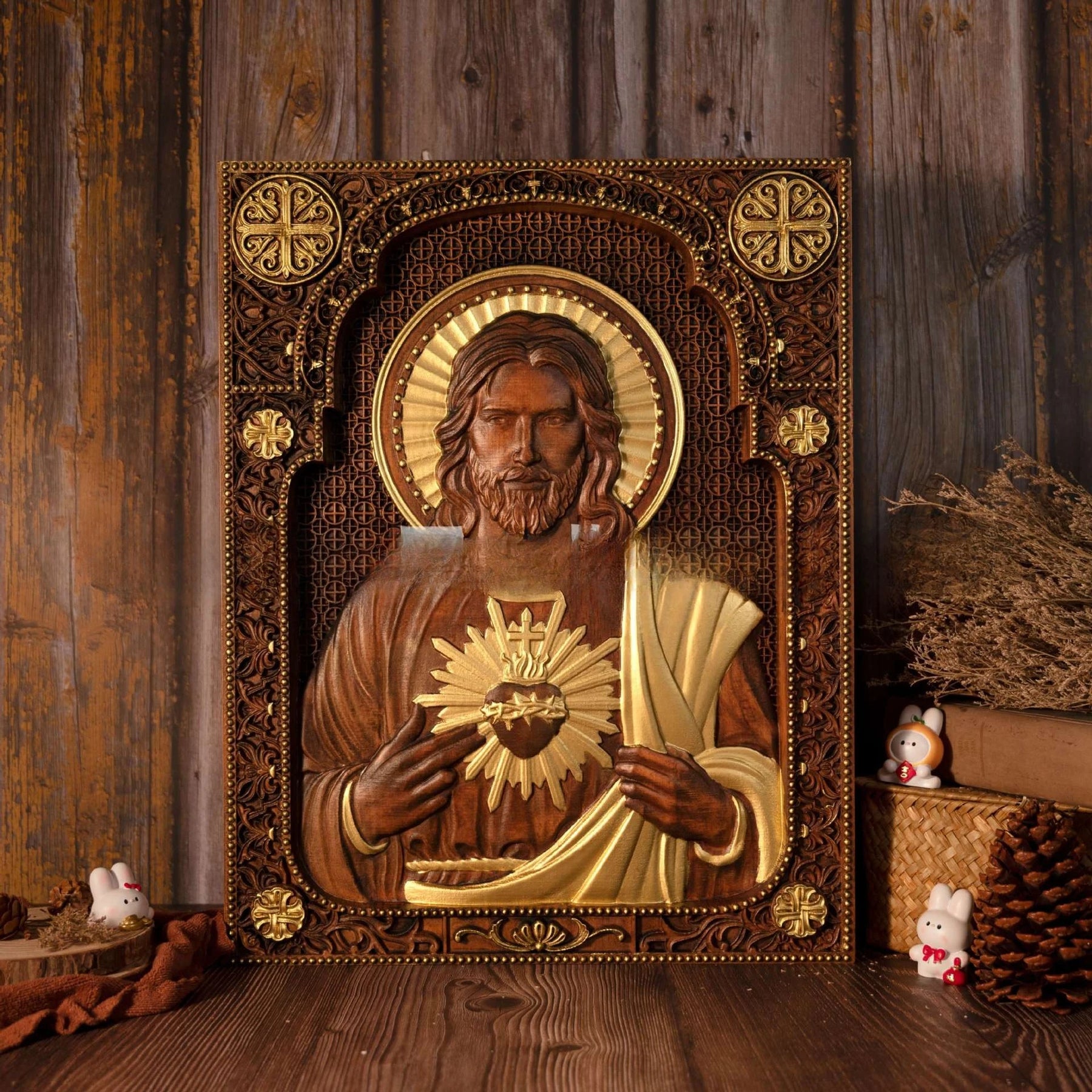Talla de madera del Sagrado Corazón de Nuestro Señor Jesucristo - Regalo Personalizado de Talla Cristiana Católica