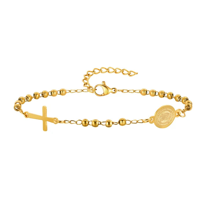 Pulsera de Cuentas Chapada en Oro Con la Imagen de la Virgen María