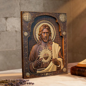 Talla de madera del Sagrado Corazón de Nuestro Señor Jesucristo - Regalo Personalizado de Talla Cristiana Católica