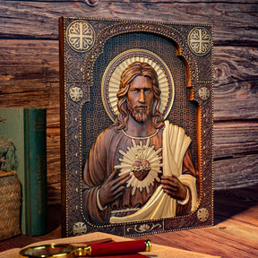Talla de madera del Sagrado Corazón de Nuestro Señor Jesucristo - Regalo Personalizado de Talla Cristiana Católica