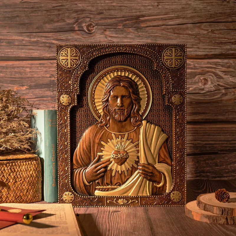 Talla de madera del Sagrado Corazón de Nuestro Señor Jesucristo - Regalo Personalizado de Talla Cristiana Católica