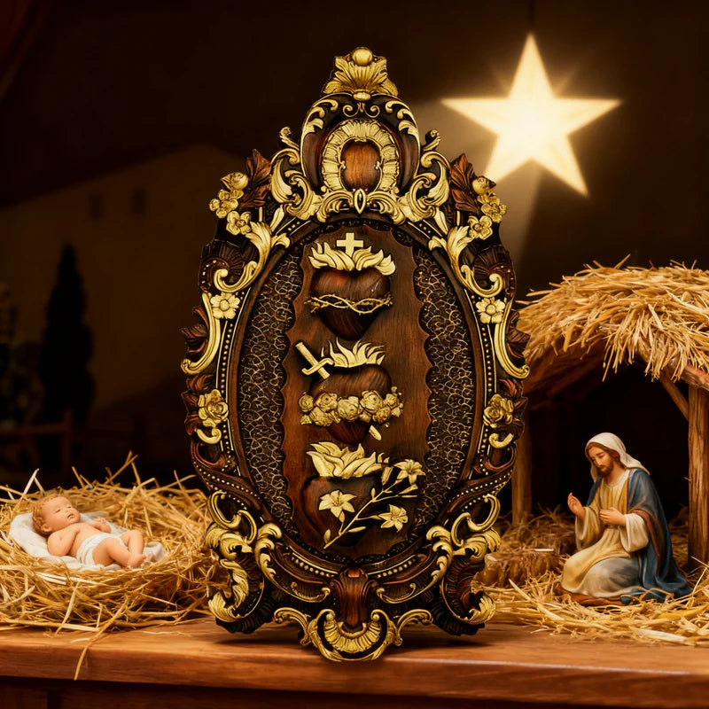 Tres Sagrados Corazones de la Sagrada Familia en madera