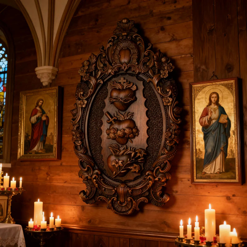 Tres Sagrados Corazones de la Sagrada Familia en madera
