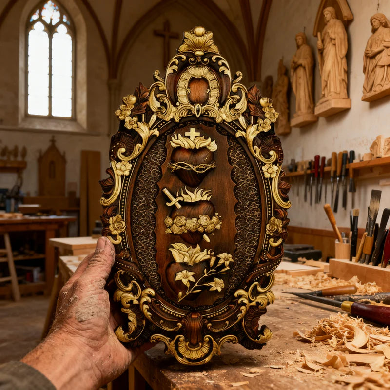 Tres Sagrados Corazones de la Sagrada Familia en madera