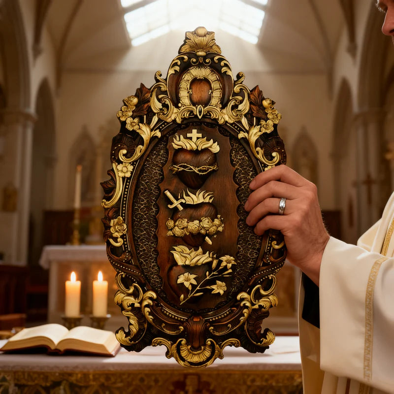 Tres Sagrados Corazones de la Sagrada Familia en madera