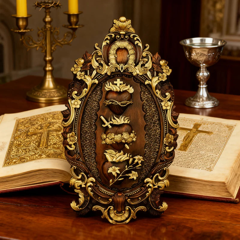 Tres Sagrados Corazones de la Sagrada Familia en madera