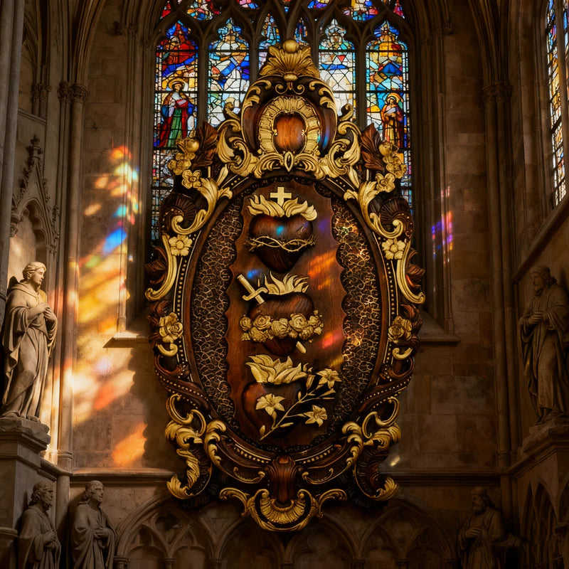 Tres Sagrados Corazones de la Sagrada Familia en madera