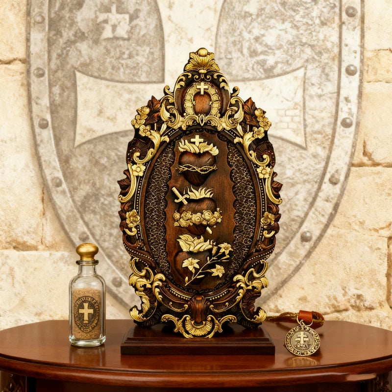 Tres Sagrados Corazones de la Sagrada Familia en madera